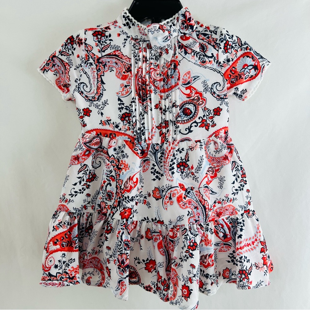 NWOT! Janie and Jack Pleated and Bow Detail Paisley Print Embroidered Trim Dress